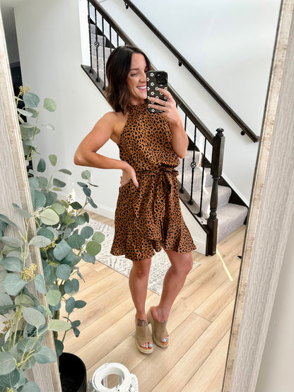 First Love Full Size Leopard Belted Sleeveless Dress